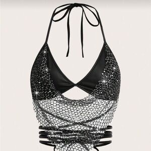 Black Crystal Mesh Halter Crop Top